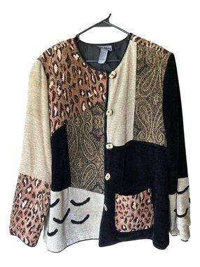VTG Indigo Moon Chenille Art to Wear Jacket Coat Chic Boho Animal Print Block L